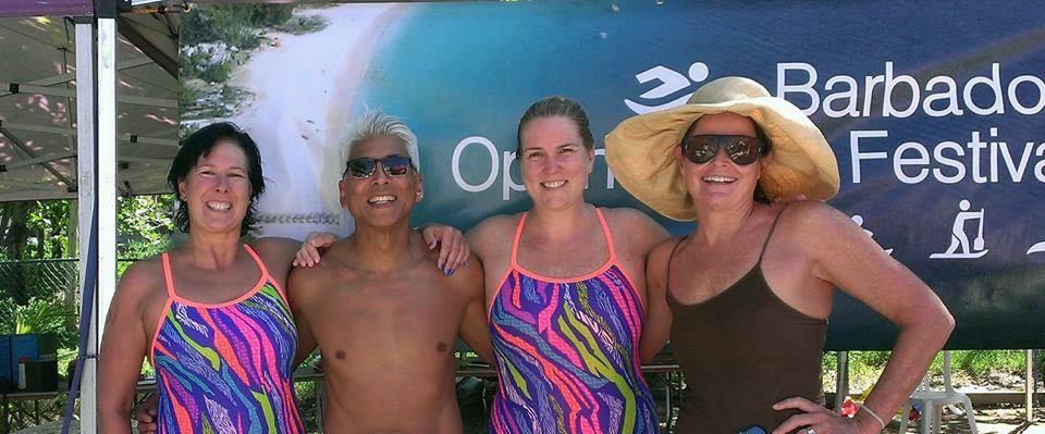 Ed Tsuzuki, Susan Kirk, Sarah Clark and Eney Jones in Barbados at swim festival. 